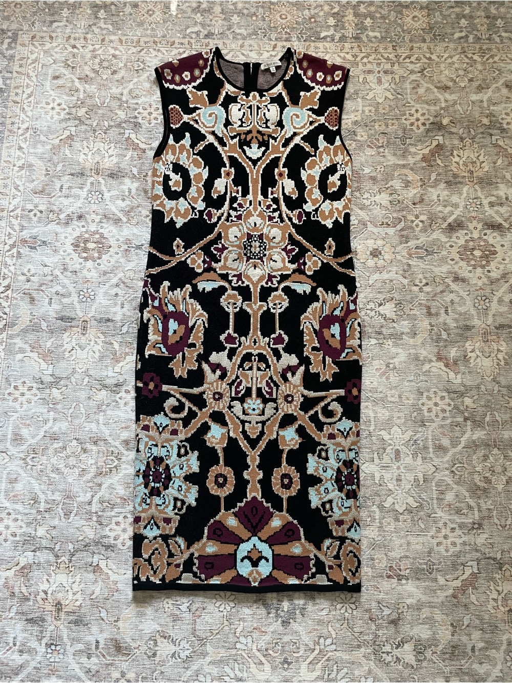 Ronny Kobo Black Floral Jacquard Sheath Dress with Burgundy and Tan Accents
